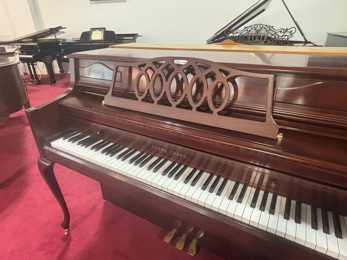 Young Chang French Provincial Console in Mahogany Satin - Cunningham Piano