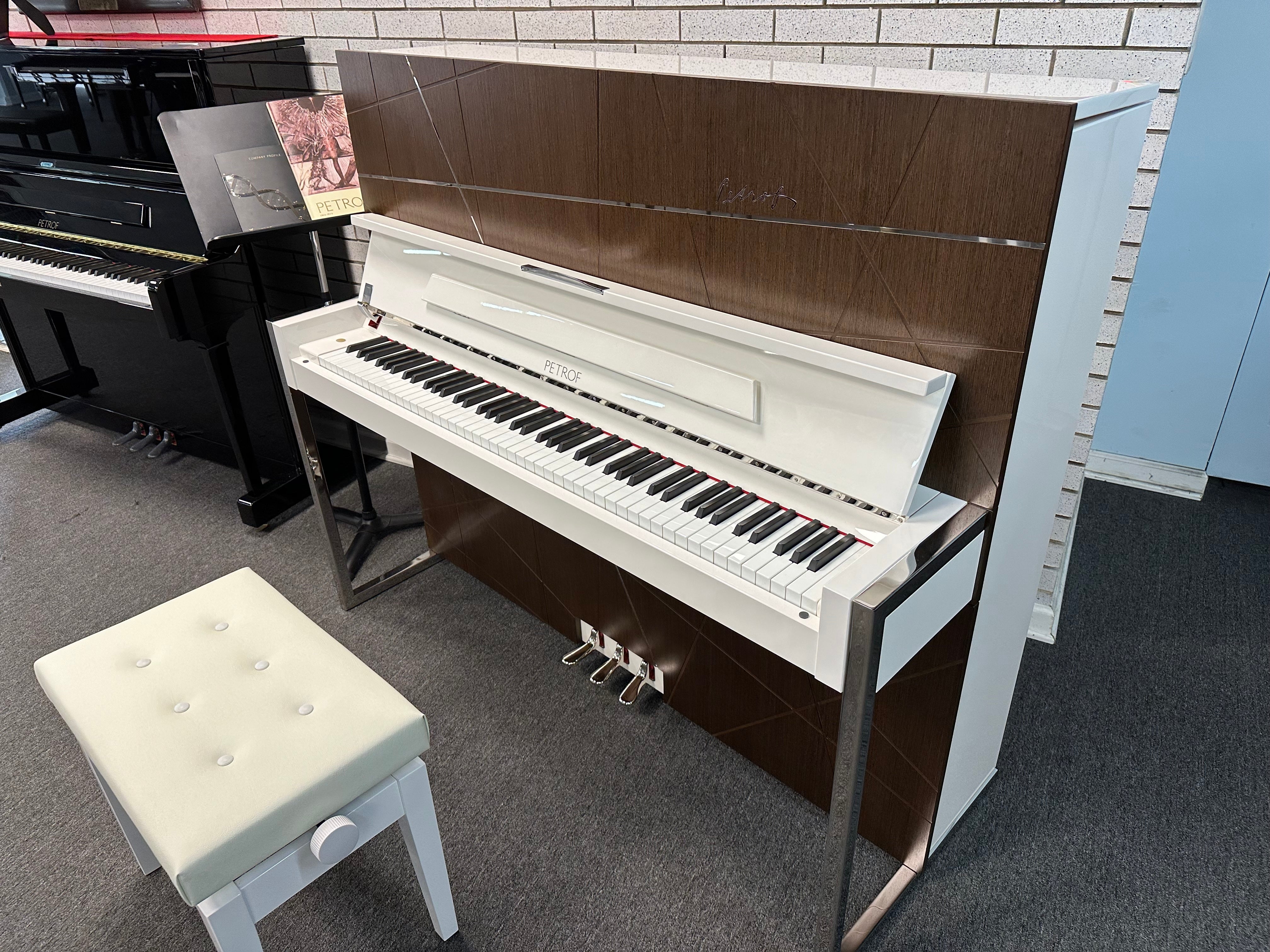 Petrof NEXT P127 (50") Upright Piano in White Polish with Wood Satin Wood Tones