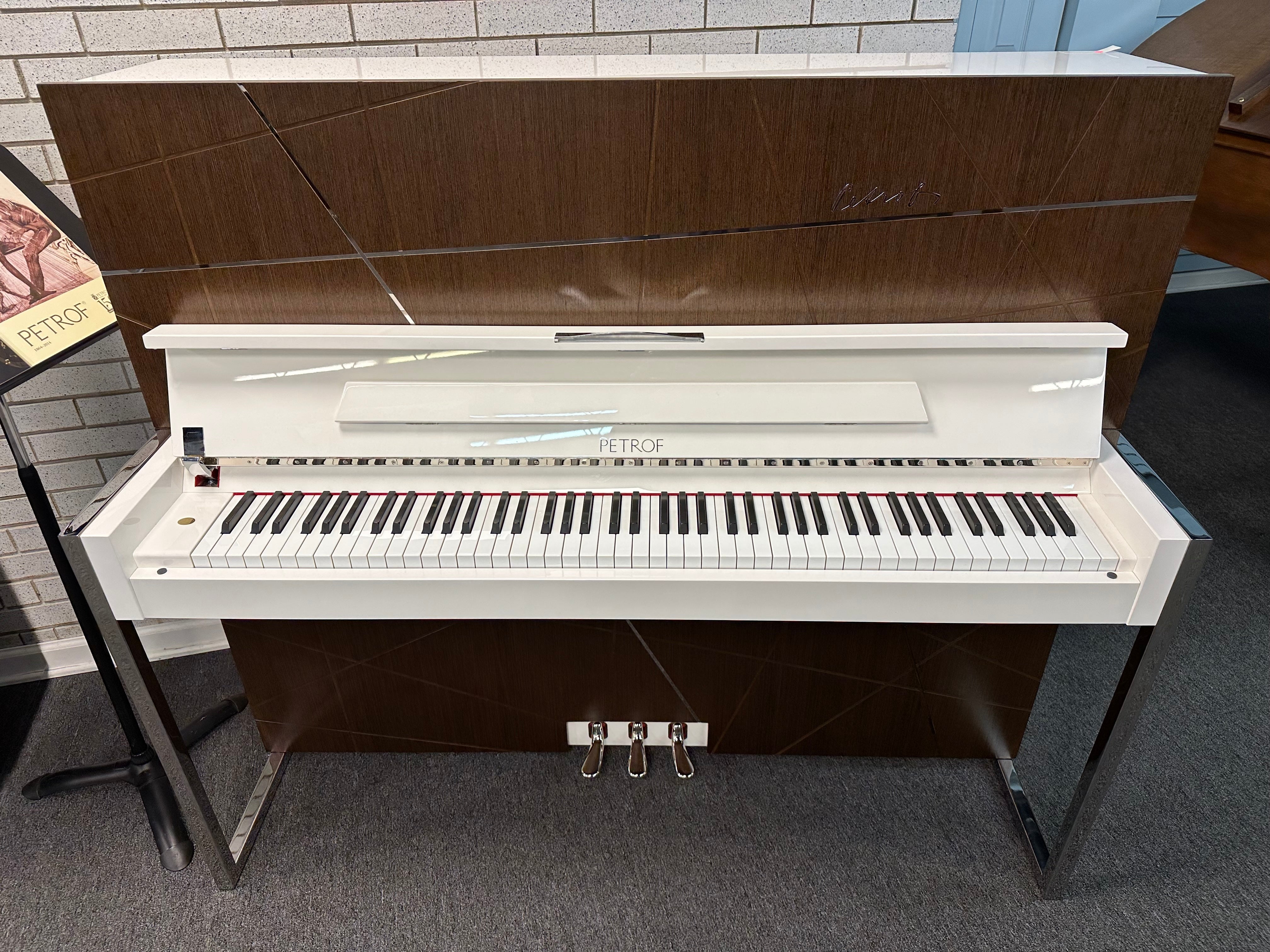 Petrof NEXT P127 (50") Upright Piano in White Polish with Wood Satin Wood Tones