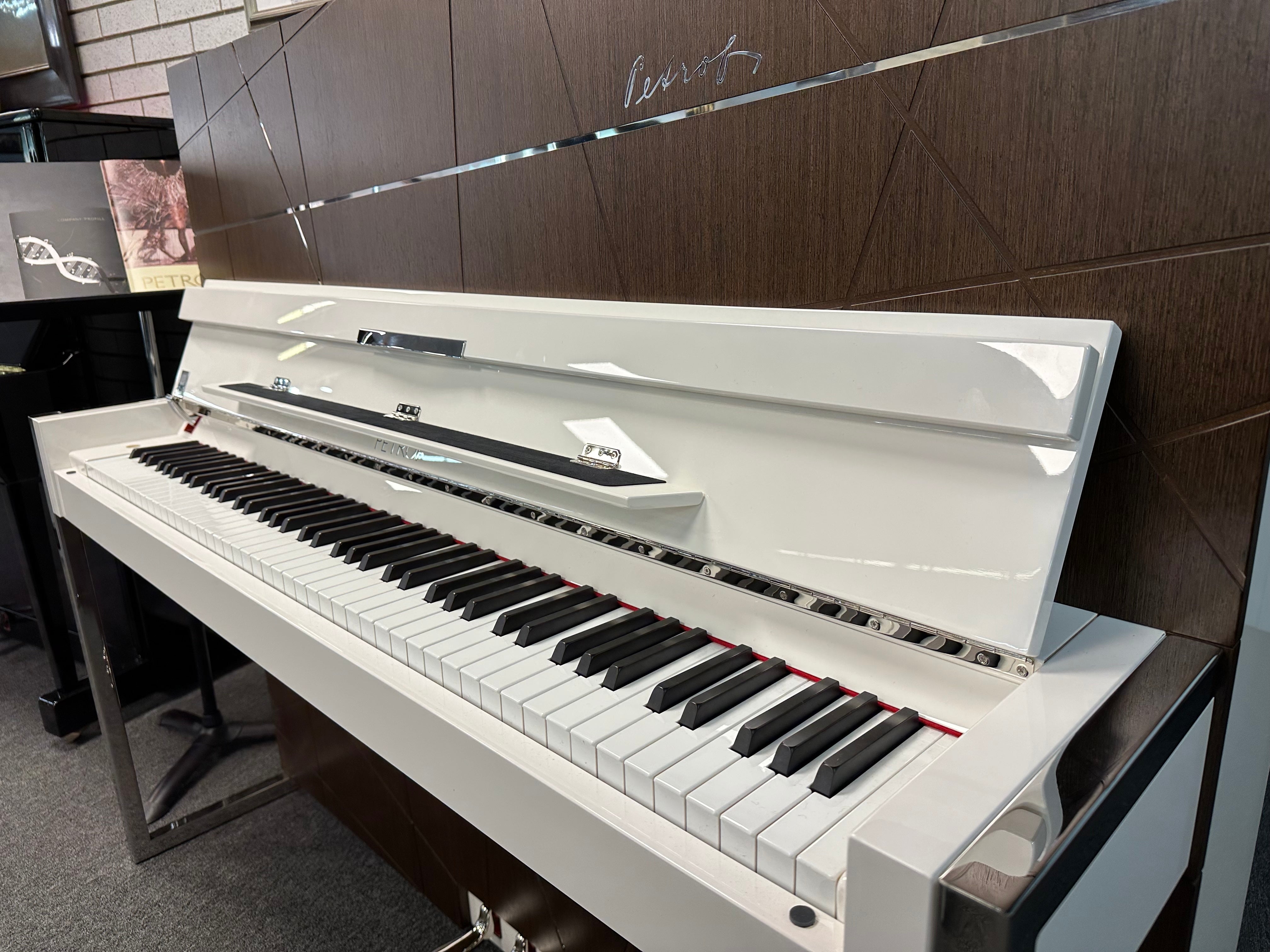 Petrof NEXT P127 (50") Upright Piano in White Polish with Wood Satin Wood Tones