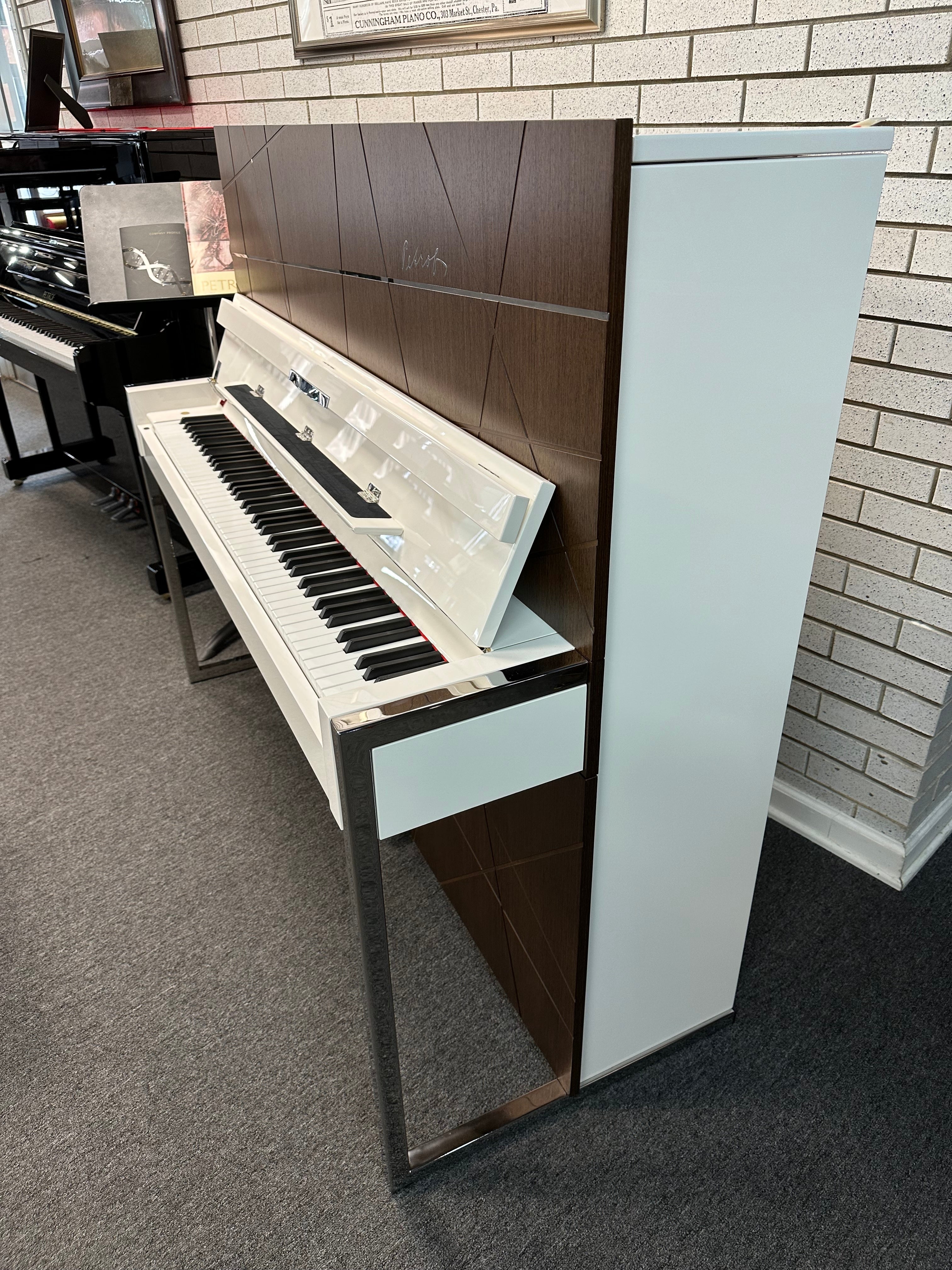 Petrof NEXT P127 (50") Upright Piano in White Polish with Wood Satin Wood Tones