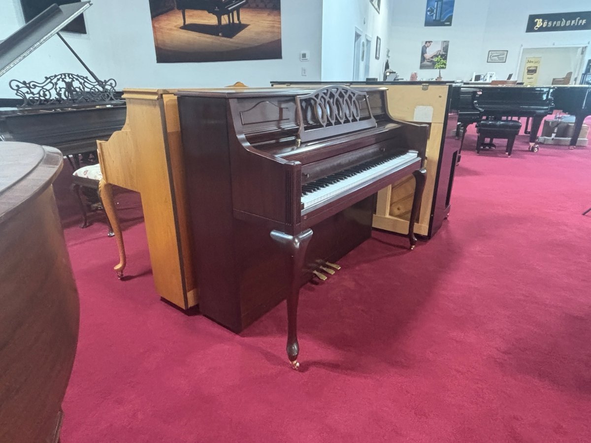 Young Chang French Provincial Console in Mahogany Satin - Cunningham Piano
